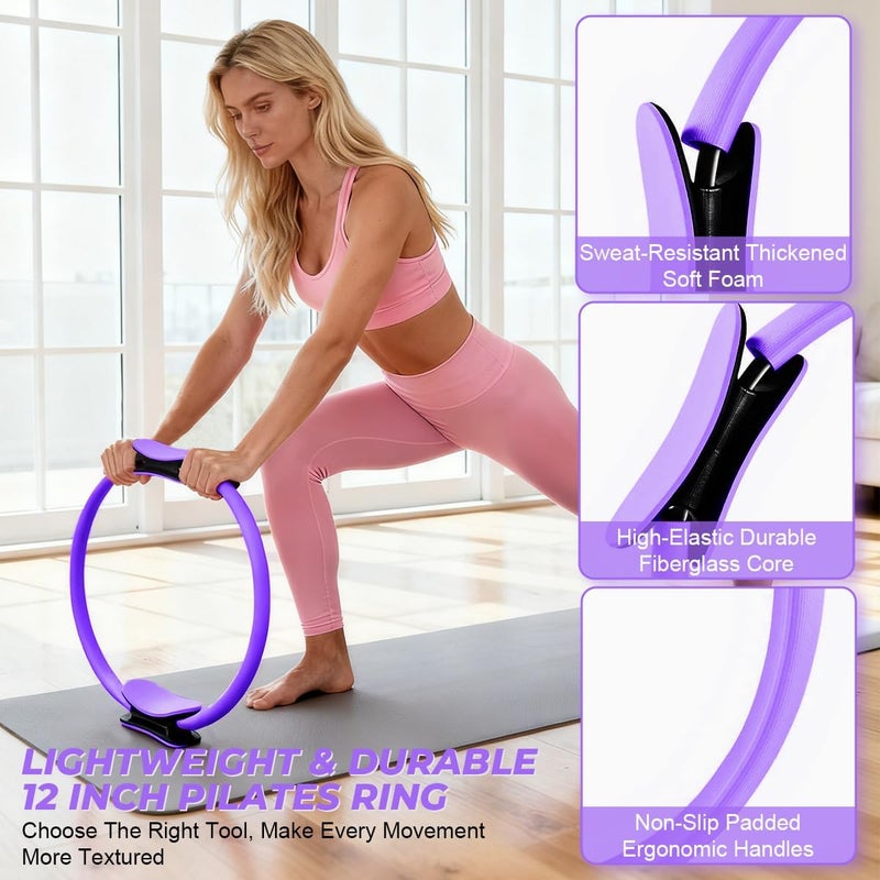FLICKZY Pilates Ring Set for Women, Magic Circle Pilates Rings 12" with Resistance Bands, Pilates Kit for Home Workouts, Pilates Equipment for Strength, Toning and Flexibility - Image 2